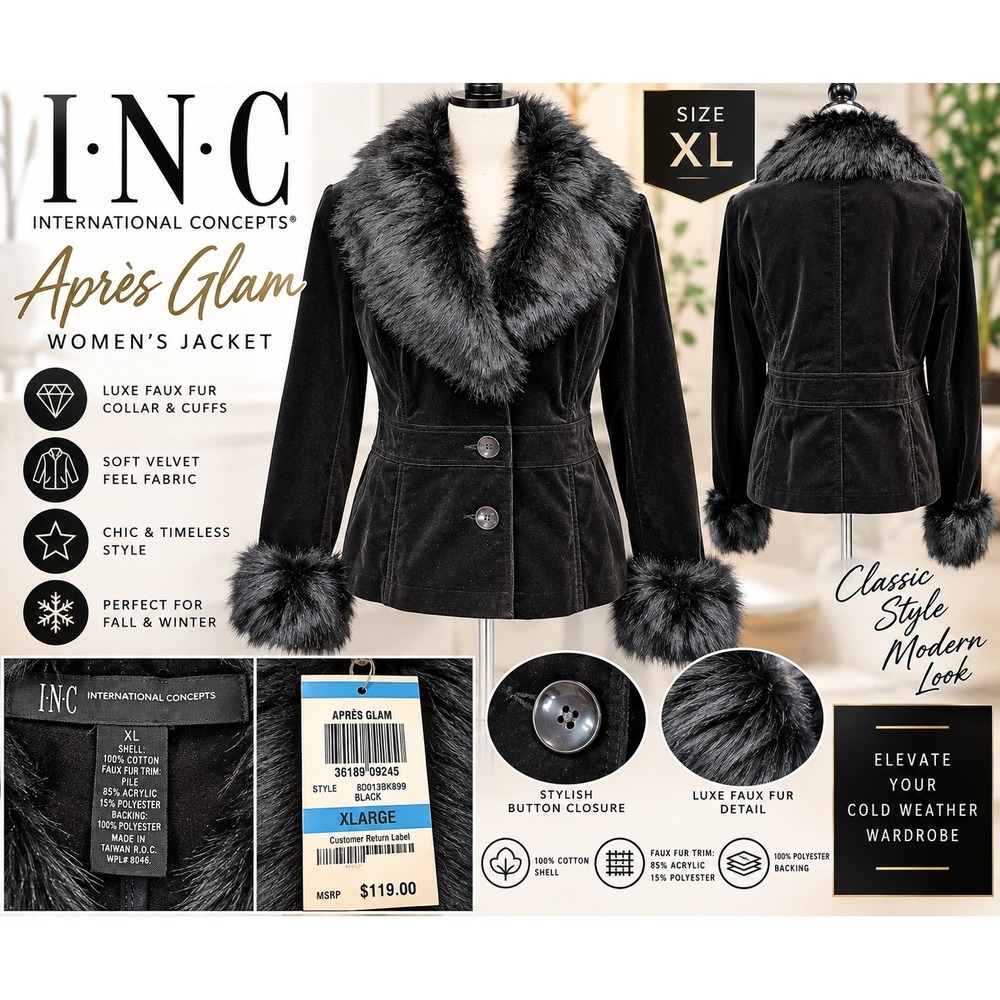 INC International Concepts Apres Glam Black Velvet Faux Fur Jacket XL 80013BK899